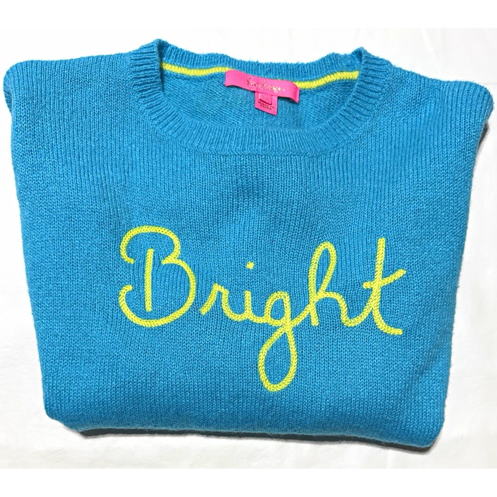 Lilly Pulitzer Bright Script Blue Knit Sweater Neon Lime Trim Women's Size XS
